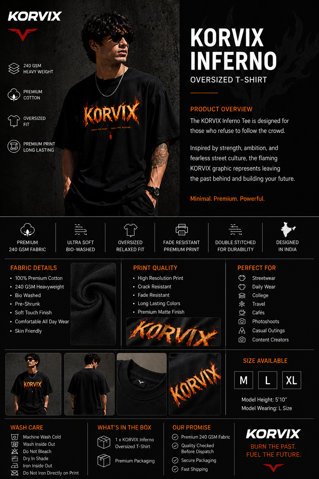 KORVIX Inferno Oversized T-Shirt – 240 GSM Premium Cotton | Unisex Streetwear