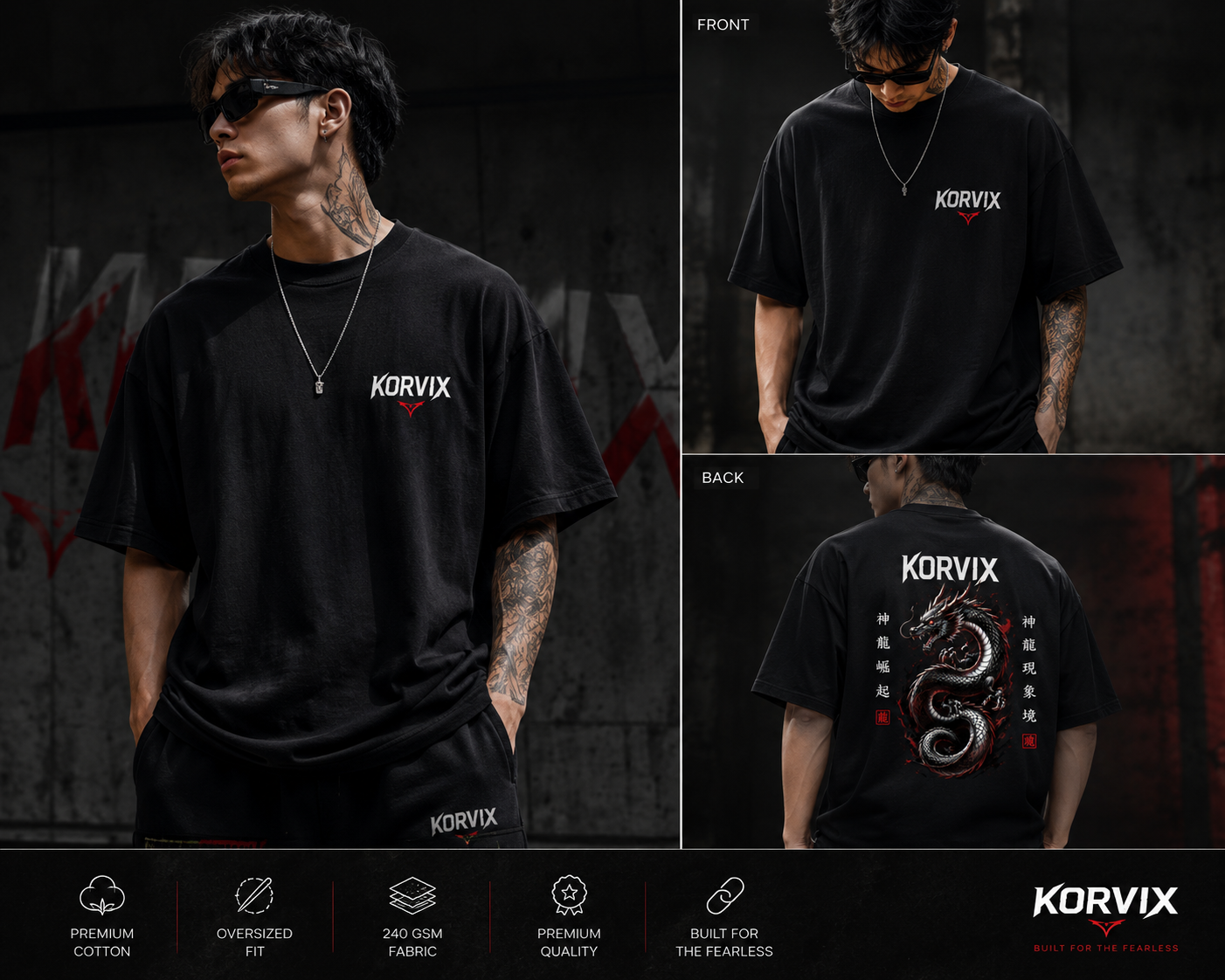 KORVIX Dragon Oversized Black T-Shirt | Premium Streetwear Edition