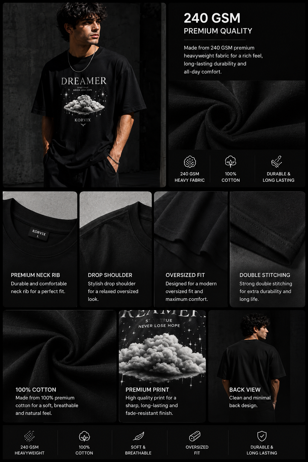 KORVIX Dreamer Oversized Black T-Shirt