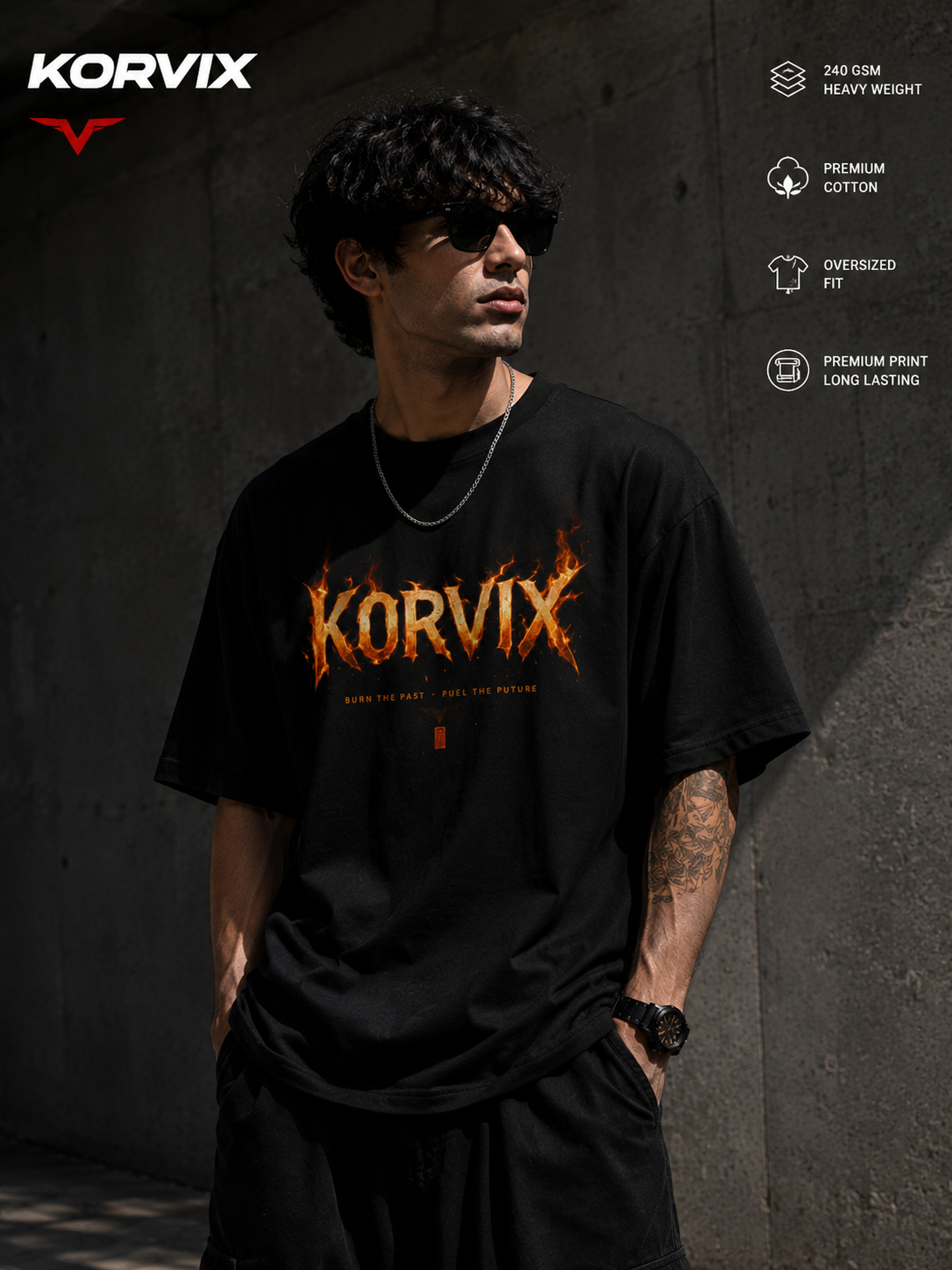KORVIX Inferno Oversized T-Shirt – 240 GSM Premium Cotton | Unisex Streetwear